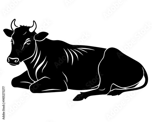 Cow lying down vector silhouette in black



