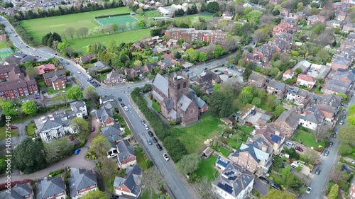 Aerial Perspective Drone View of residential and community areas of Oxton Village, Merseyside. Aerial perspective of imagery from recommended height parameters detailing architecture