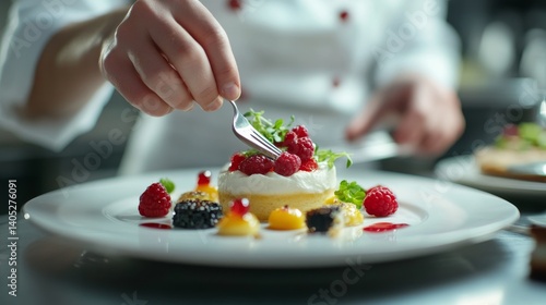 Chef plating elegant dessert in restaurant. Featuring delicate details and luxurious ingredients