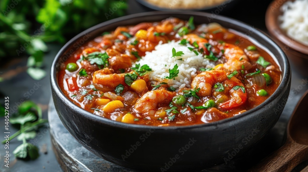 A bowl of shrimp stew with rice and vegetables A bowl of shrimp stew with rice and vegetables
