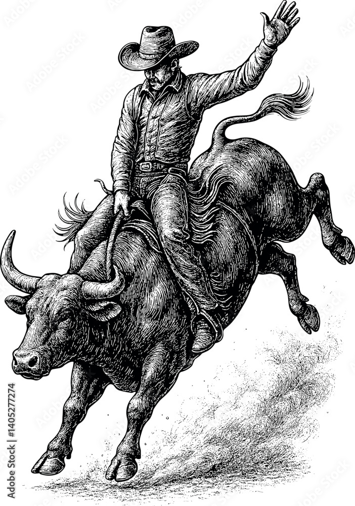 Fototapeta premium Cowboy riding a bull vector black silhouette cricut print design isolated on a plain white background