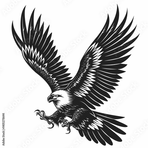 Black eagle vector illustration, a flying bird silhouette with wings in flight, a symbol of freedom