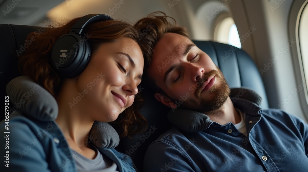 Fototapeta premium European couple sleeping during flight, quiet and intimate moment captured in relaxed and anonymous travel style