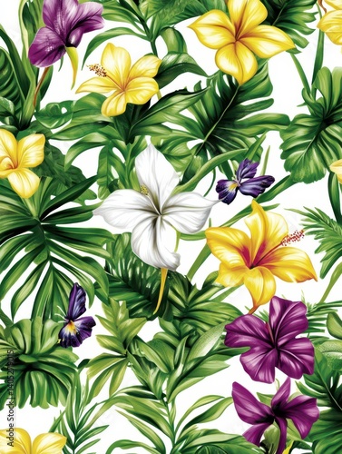 Botanical tropical wedding invitation with colorful blooms and greenery 