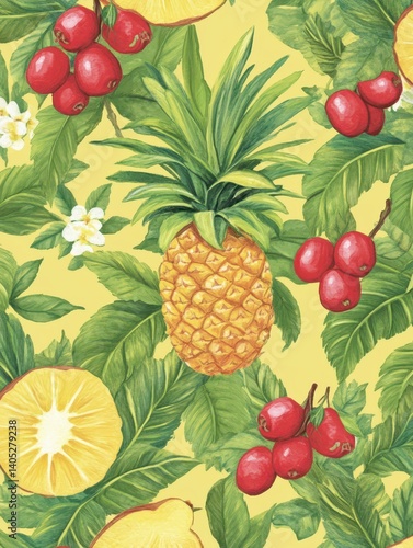 Rustic tropical wedding invitation with tropical fruits and greenery 