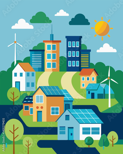 A residential community powered by a microgrid system utilizing renewable energy sources for increased efficiency.. Vector illustration