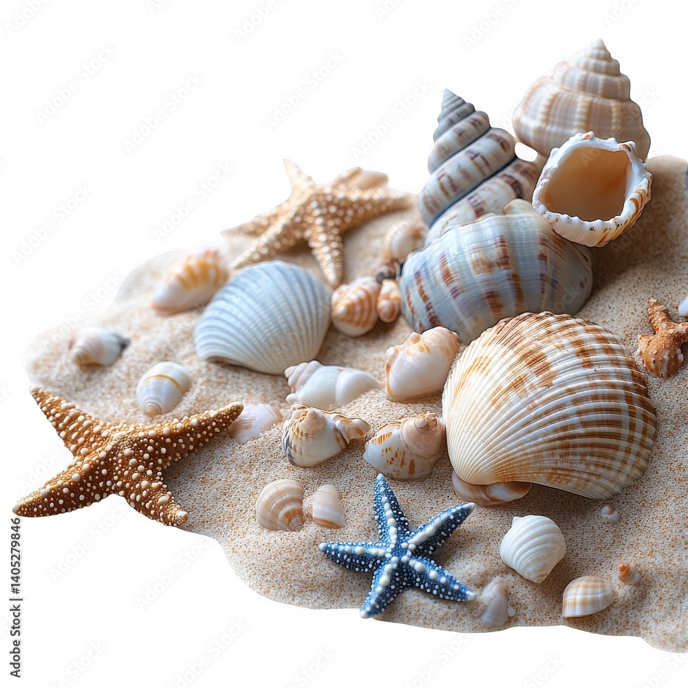 Beach seashells and starfish on sand summer vacation travel background coastal sea ocean theme collection on transparent background
