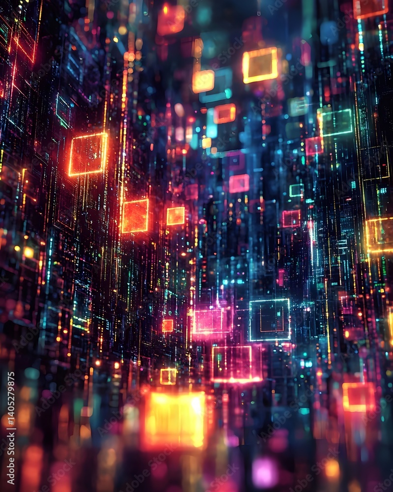 Abstract digital landscape with vibrant glowing squares Abstract digital landscape with vibrant glowing squares