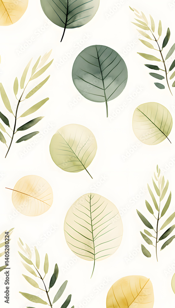 Fototapeta premium Pastel leaf pattern with botanical elements in soft colors