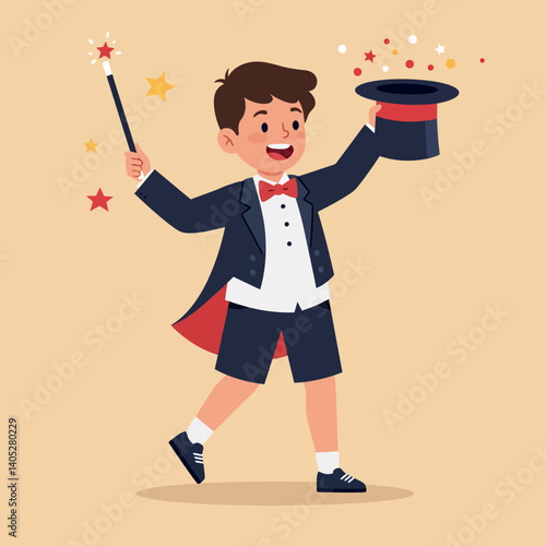 Young magician in a tuxedo performing a trick with a top hat and wand in a cheerful, colorful flat vector illustration