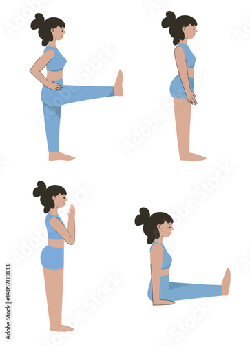 Set of Illustrations of yoga poses. Zen and harmony concept. Colored flat vector illustration isolated on white background.