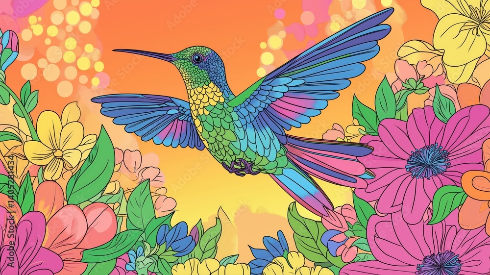 Obraz premium Colorful hummingbird flying among vibrant flowers at sunset