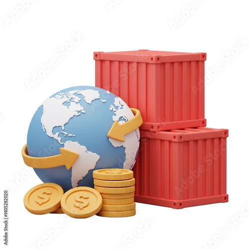 3D Illustration Global Trade Container with World Economy, and Import Export.