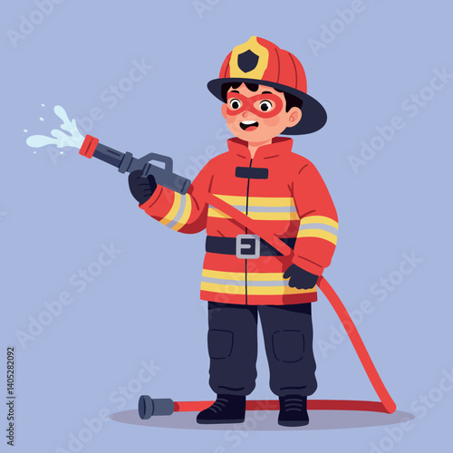 Young firefighter in bright red uniform using a hose to spray water in a cheerful, flat vector illustration