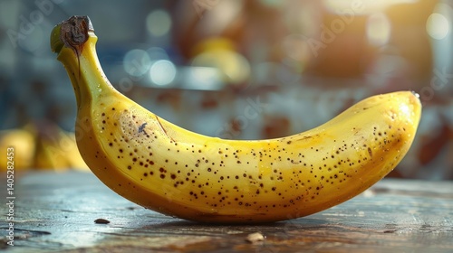 A ripe yellow banana with brown spots on it.
