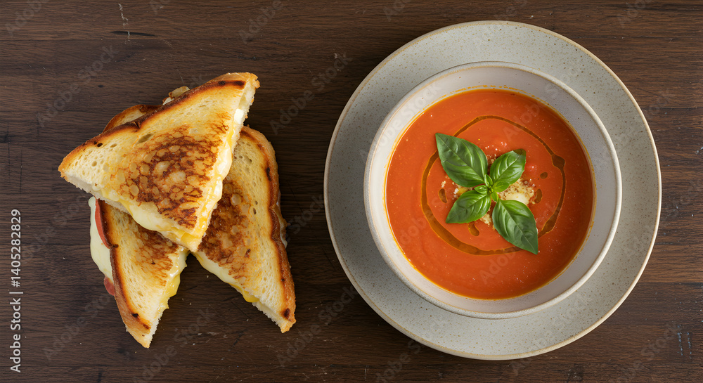 Comforting Tomato Soup Accompanied By Crispy Grilled Cheese On Wooden Surface Comforting Tomato Soup Accompanied By Crispy Grilled Cheese On Wooden Surface