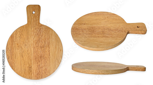 Empty wooden round cutting board with handle isolated on white background with clipping path. Set of wood plate or pizza tray, top view, side view and high angle mock up template for food design.