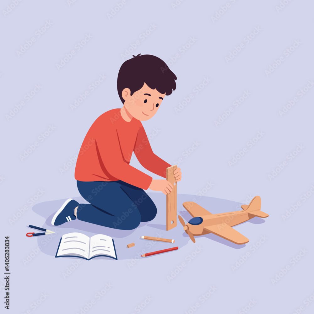 Fototapeta premium A young boy assembling a wooden airplane model using tools in a playful and educational flat vector illustration