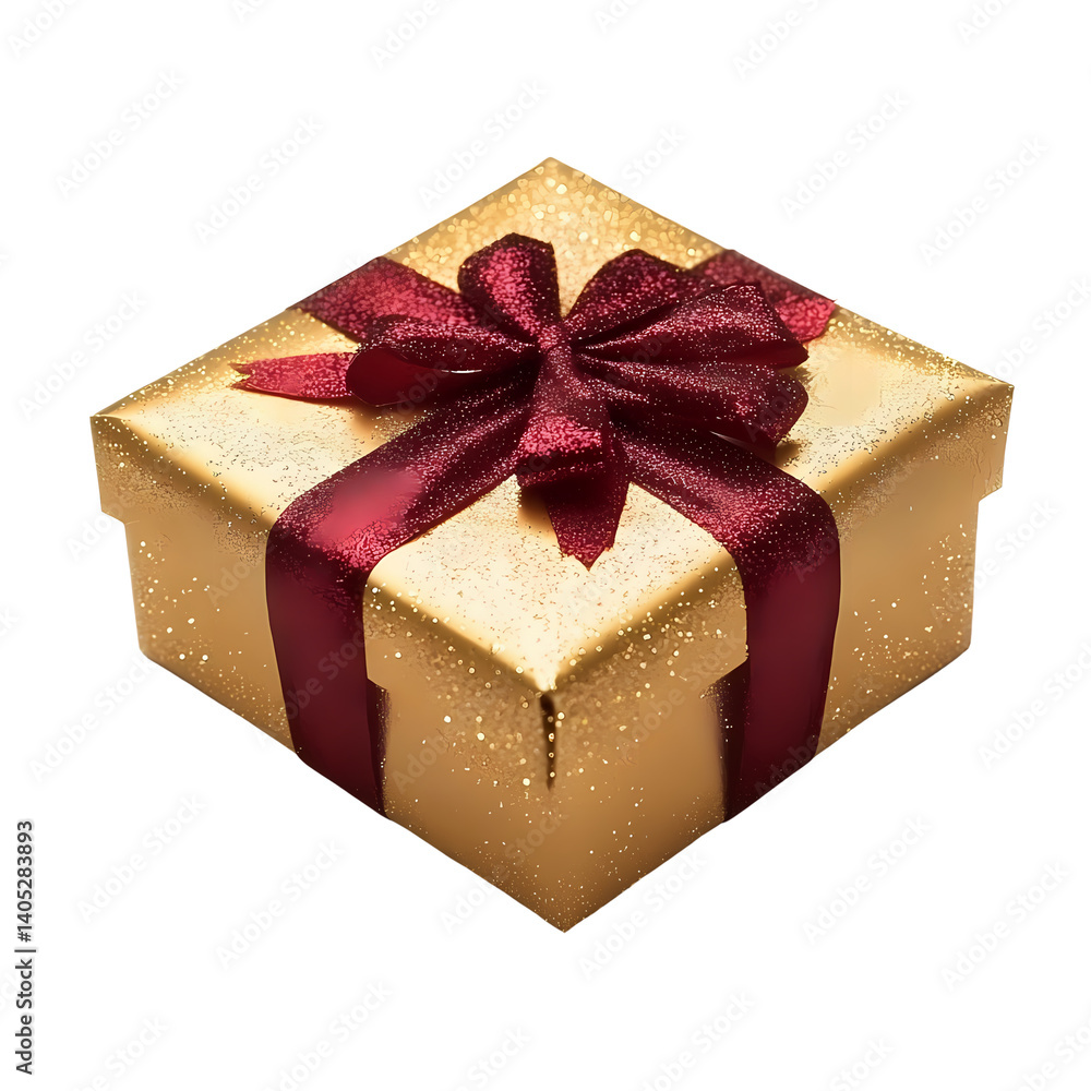 Obraz premium A beautifully wrapped golden gift box adorned with a red ribbon and bow.