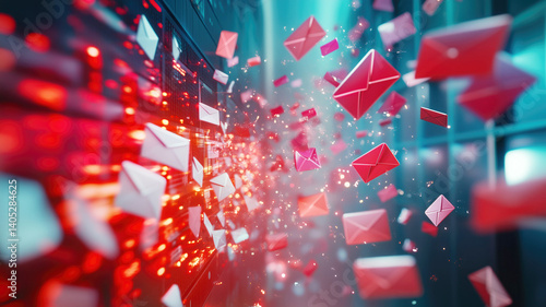 Digital envelopes soaring in data center illuminated by red and blue lights