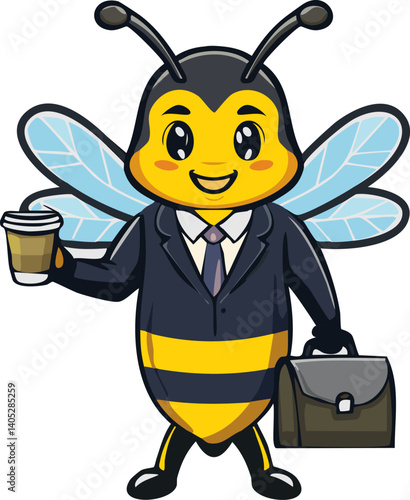 Busy bee businessman holding coffee and briefcase