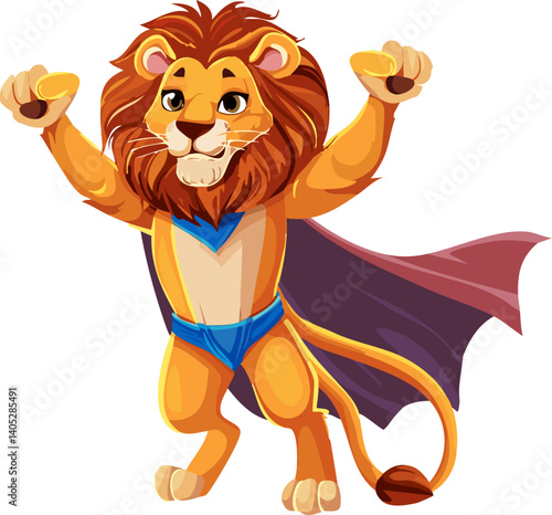 Powerful lion superhero wearing costume and cape raising paws
