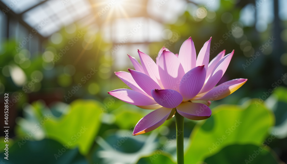 Fototapeta premium Blooming purple lotus in botanic greenhouse, serene beauty