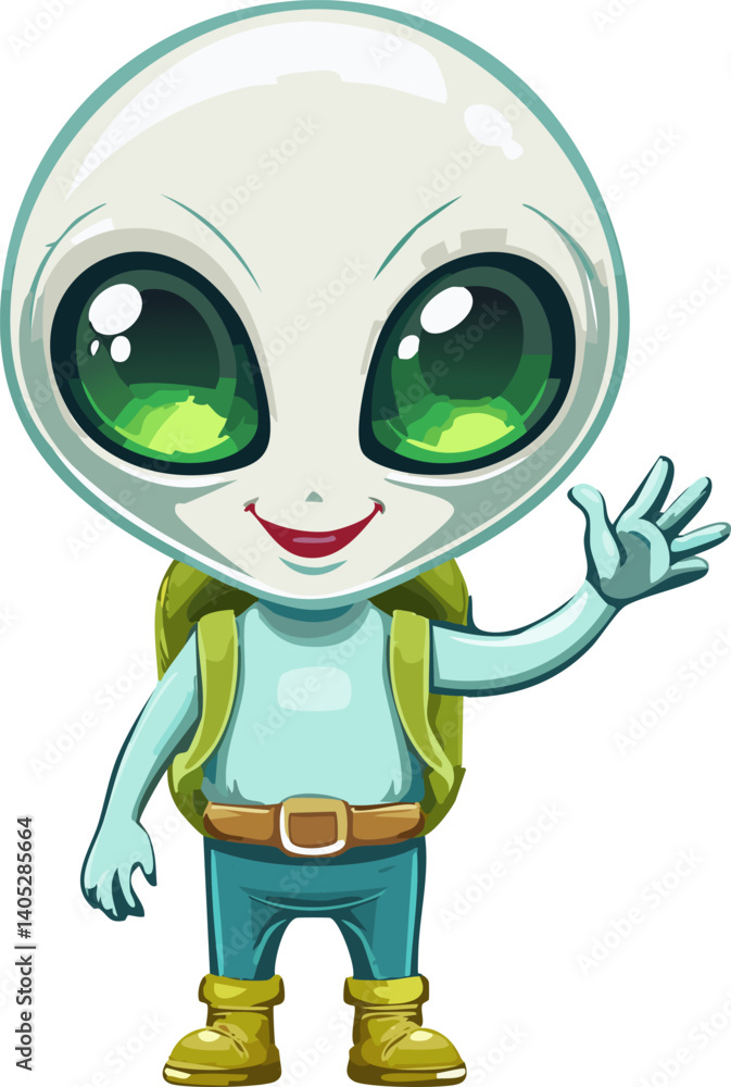 Friendly alien wearing backpack waving hand and smiling Friendly alien wearing backpack waving hand and smiling