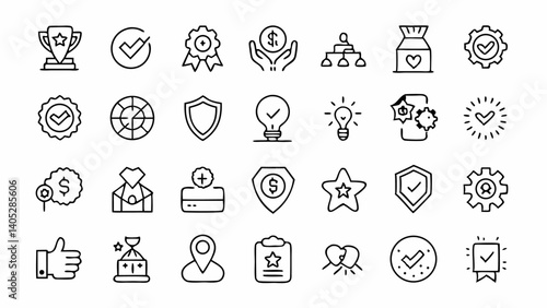 Certification and quality badge icon collection in outline style designed for business branding trust labels award systems and top rated services