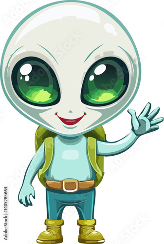 Friendly alien wearing backpack waving hand and smiling
