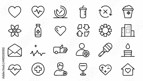 Outline recovery icon collection showcasing medical aid emergency care data restoration and safety symbols for apps web and health related projects