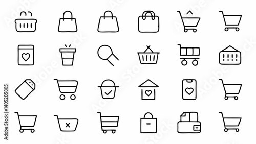 Shopping cart outline icons for ecommerce platforms representing purchase basket add to cart checkout sale offers and online shopping features in minimal style