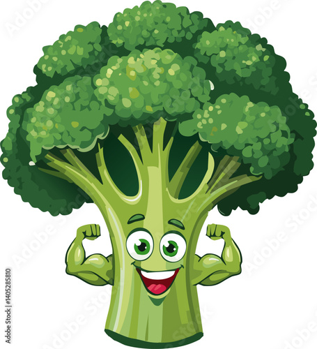 Strong cartoon broccoli showing muscles and smiling