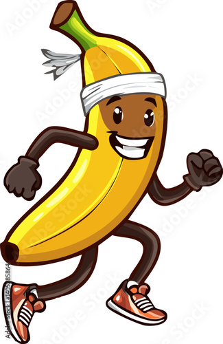 Happy banana character running wearing sneakers and headband