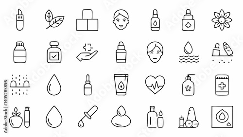 Skin care icon collection in outline format featuring beauty products facial treatments organic care cosmetics and wellness items for digital and branding use