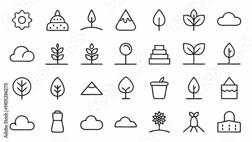 Nature-inspired outline icons highlighting soil, plants, and agriculture concepts, great for eco websites, green tech apps, and organic product design