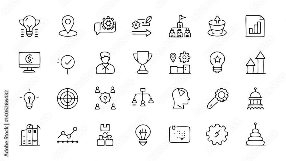 Strategic concept icon set in outline format representing planning, ideas, and goal setting, perfect for business, startup, and productivity platforms Strategic concept icon set in outline format representing planning, ideas, and goal setting, perfect for business, startup, and productivity platforms