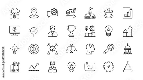 Strategic concept icon set in outline format representing planning, ideas, and goal setting, perfect for business, startup, and productivity platforms