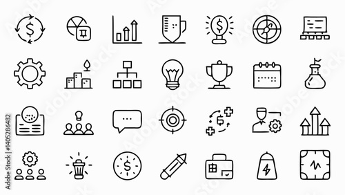Outline icon set illustrating strategy, direction, and business planning themes, great for leadership apps, project management tools, and growth interfaces