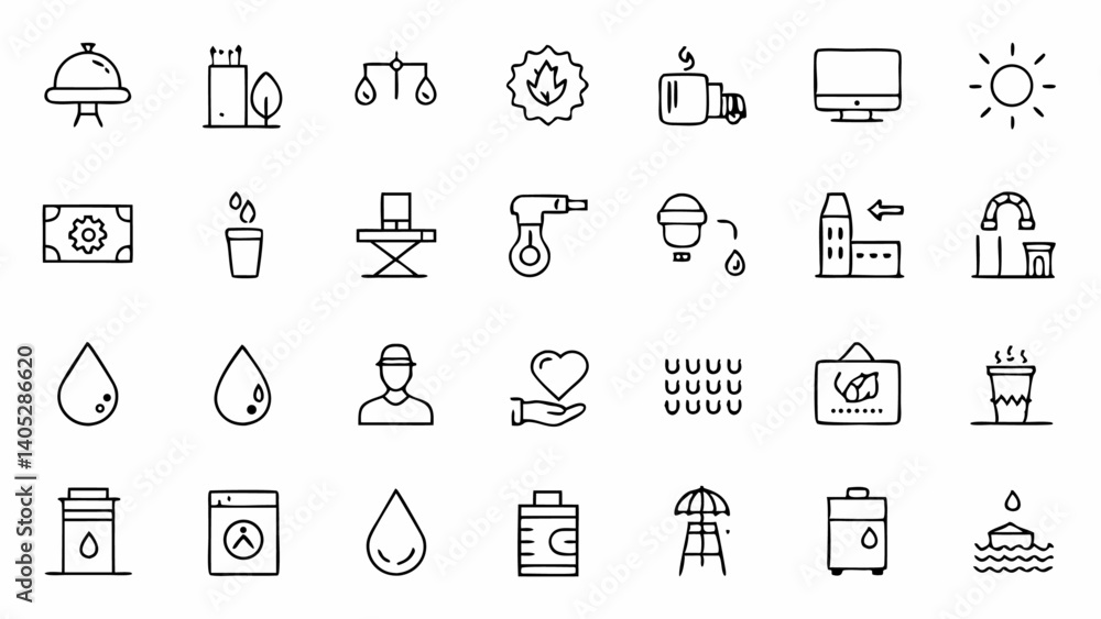 Fototapeta premium Modern minimalistic water infrastructure icons in outline style perfect for enhancing engineering presentations sustainability blogs or environmental awareness campaigns
