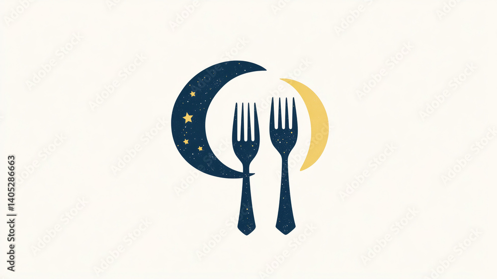 Minimalist design of forks with crescent moon and stars on light background Minimalist design of forks with crescent moon and stars on light background