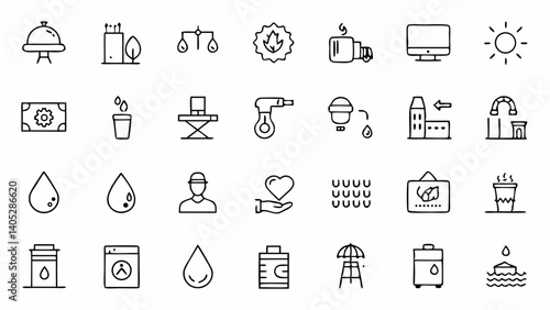 Modern minimalistic water infrastructure icons in outline style perfect for enhancing engineering presentations sustainability blogs or environmental awareness campaigns