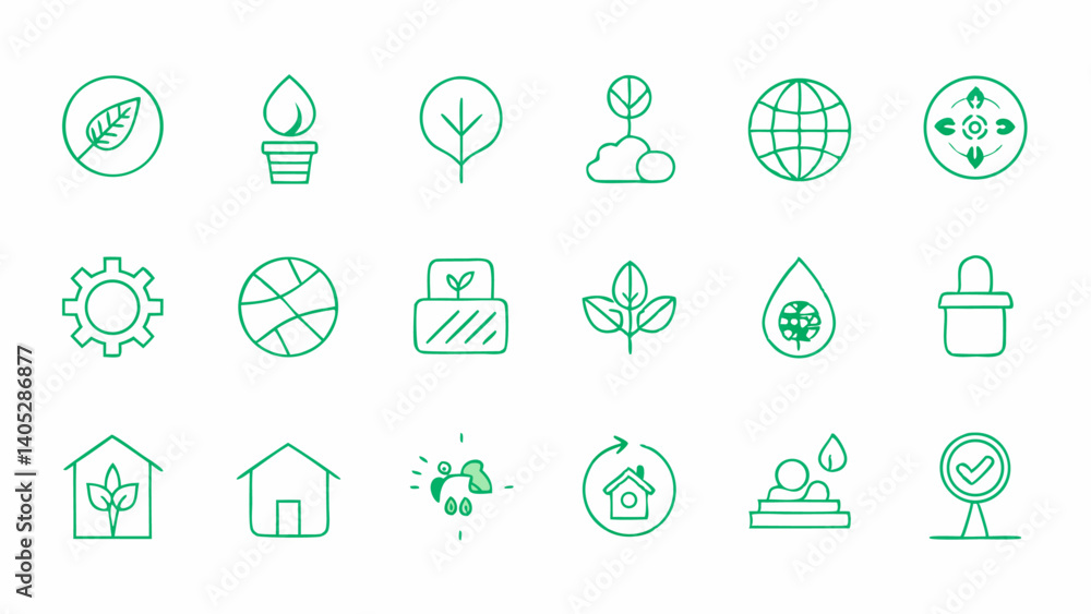 Modern linear icons promoting sustainability with eco-friendly design elements great for green energy blogs environmental education content or clean branding projects Modern linear icons promoting sustainability with eco-friendly design elements great for green energy blogs environmental education content or clean branding projects