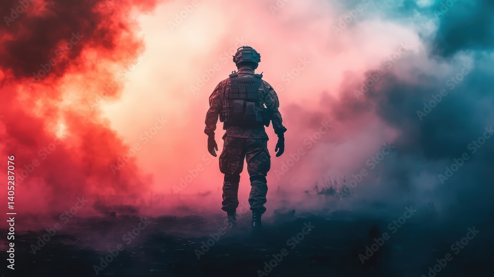 Spacesuit-wearing astronaut stands amidst colorful smoke in an otherworldly environment during nighttime exploration Spacesuit-wearing astronaut stands amidst colorful smoke in an otherworldly environment during nighttime exploration