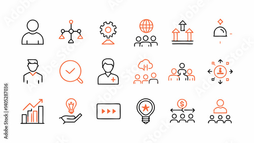 Linear icon set emphasizing society collaboration and teamwork dynamics designed for community building content business networks or social responsibility presentations