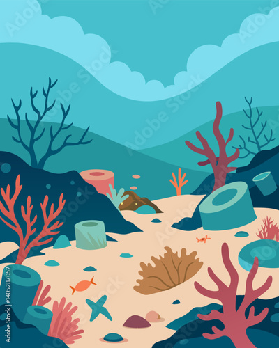 The once vibrant coral reefs are now bleached and lifeless destroyed by the chemicals and waste dumped into the ocean.. Vector illustration