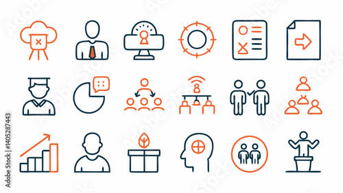 Training and coaching line icons collection focused on personal development mentorship leadership learning growth and education tools for web and print use