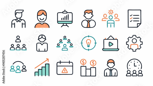 Professional training and coaching icons in a clean line style representing workshops seminars education and skills development ideal for training materials