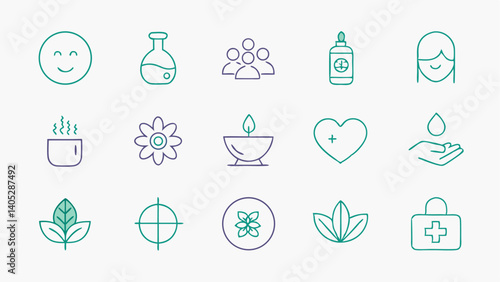 Wellness and wellbeing icons in outline style designed for use in health care apps personal development sites therapy and coaching tools with a modern look