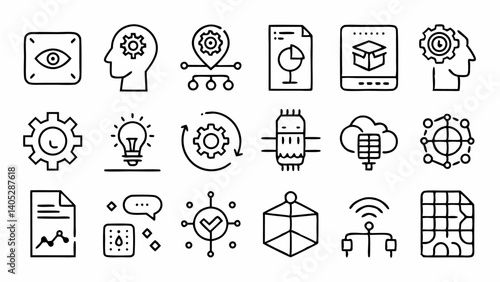 Minimalist icons set representing artificial intelligence concepts like neural networks data science automation and machine learning in a clean line style